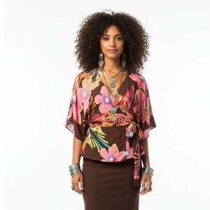 Tibi Pink & Brown Floral Print Short Sleeve Wrap Front Cottagecore Top XS